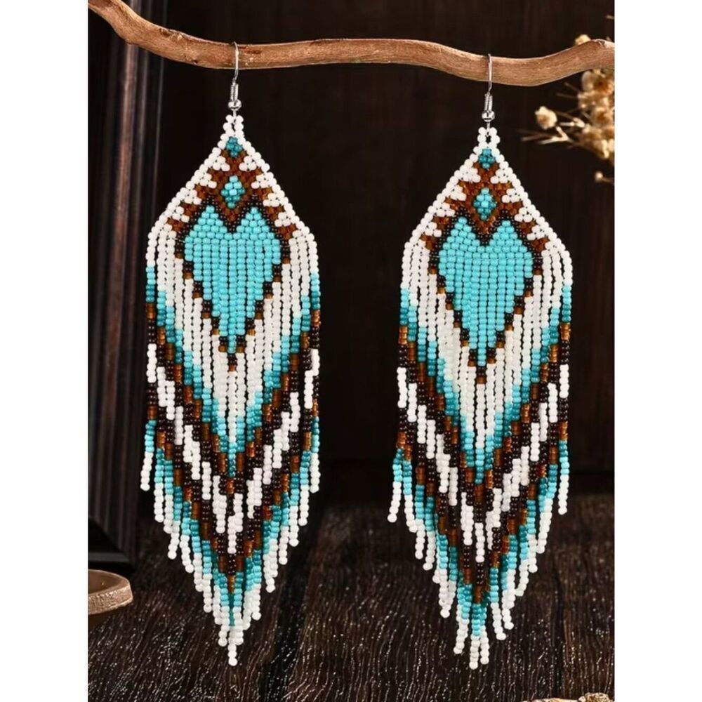 NWT Boho Turquoise Glass Seed Bead Heart Fringe Earrings Western Native Style